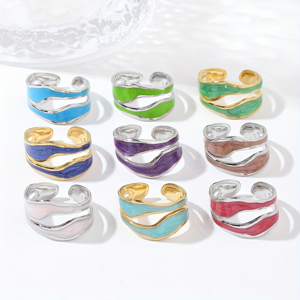 1pc Exquisite White/Dark Blue/Green/Steel White Enamel Creative Ring, Stainless Steel Irregular Opening Adjustable Ring For Men