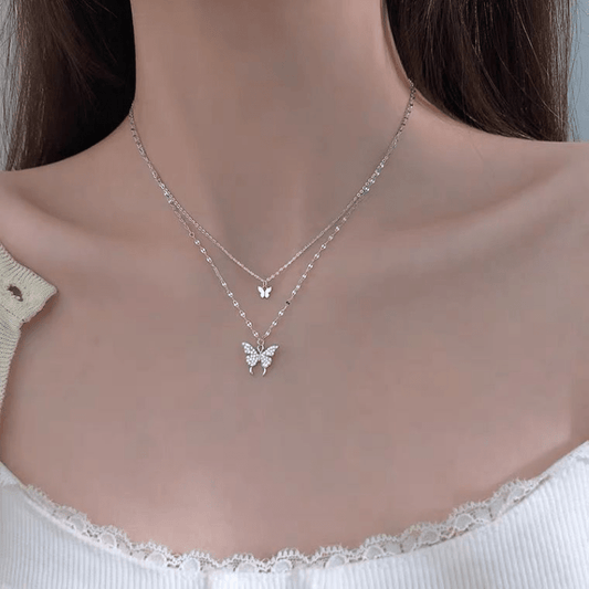 Double Butterfly Shape Layered Necklace Inlaid Shiny Zirconia Pendant Statement Party Jewelry Gifts