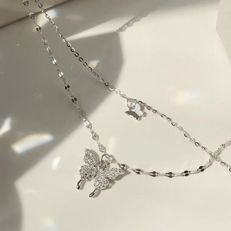Double Butterfly Shape Layered Necklace Inlaid Shiny Zirconia Pendant Statement Party Jewelry Gifts