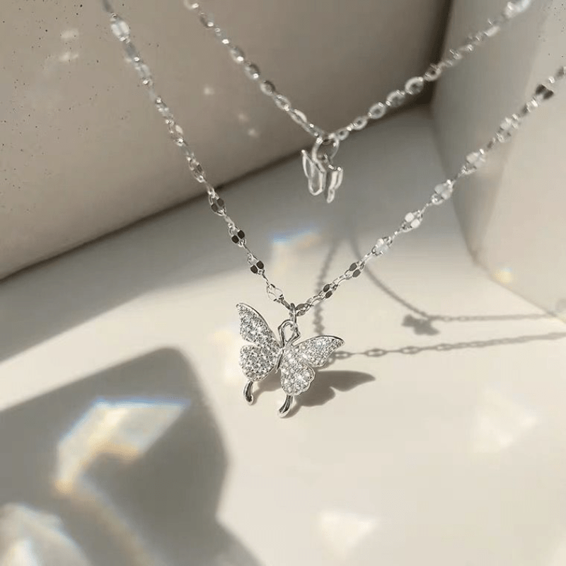 Double Butterfly Shape Layered Necklace Inlaid Shiny Zirconia Pendant Statement Party Jewelry Gifts