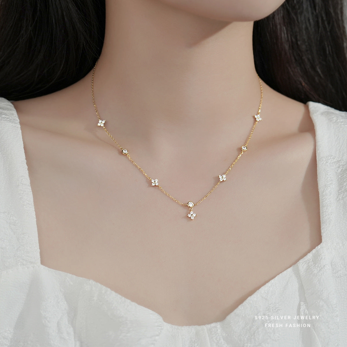 Four-leaf Clover & Round Shape zirconia Chain Necklace For Women Luxury Collar Choker Accessories