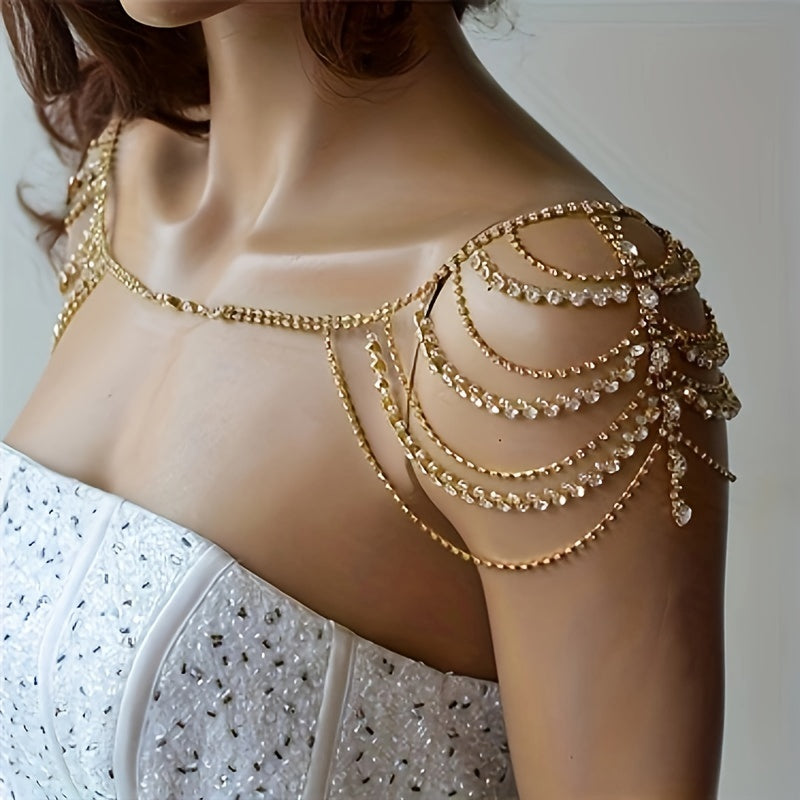 Boho Layered Rhinestone Shoulder Chain Bling Crystal Tassel Body Chain Jewelry Party Bra Chain Accessory For Women