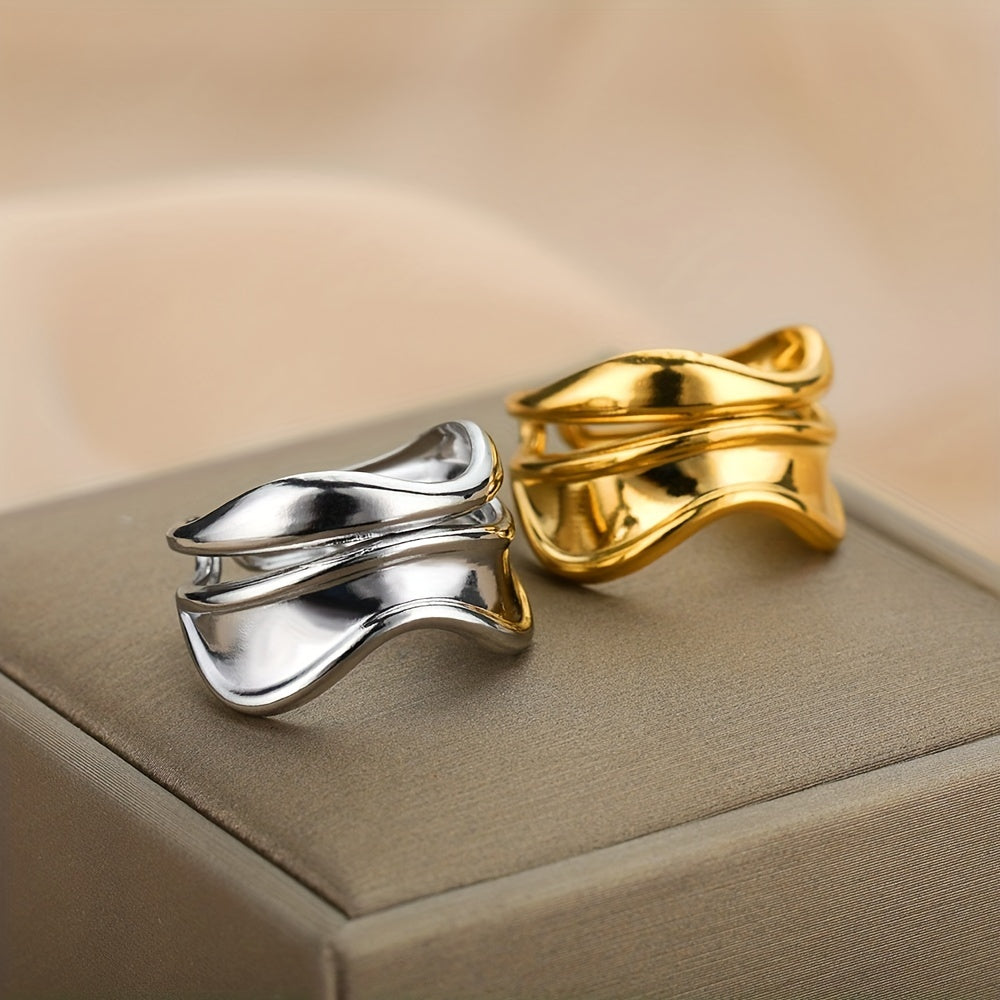 Stainless Steel Golden Plated Ring Cool Simple Geometric Wave Open Ring Jewelry
