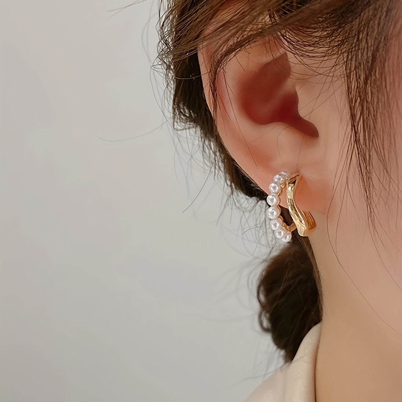 Double-layer Faux Pearl Decor Hoop Earrings Japanese/ Korean Style Alloy Jewelry Versatile Ear Ornaments Trendy Female Gift