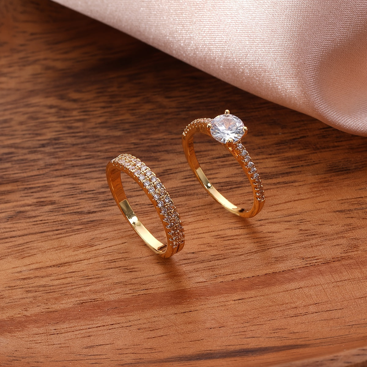Shiny zirconia Eternity Band Ring 2pcs/Set 18K Gold Plated Delicate Jewelry Party Wedding Engagement Decor For Women Girls Gift