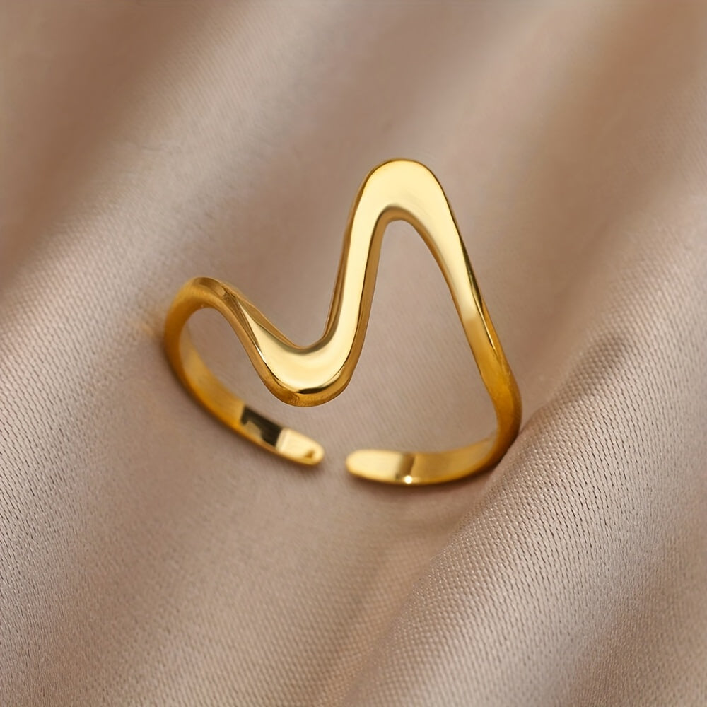 Kpop Style Cuff Ring Made Of Stainless Steel 18k Gold Plated Trendy Wave Shape Match Daily Outfits Suitable For Men And Women Light Luxury Jewelry