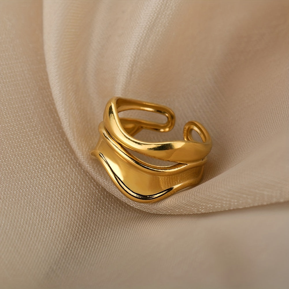Stainless Steel Golden Plated Ring Cool Simple Geometric Wave Open Ring Jewelry