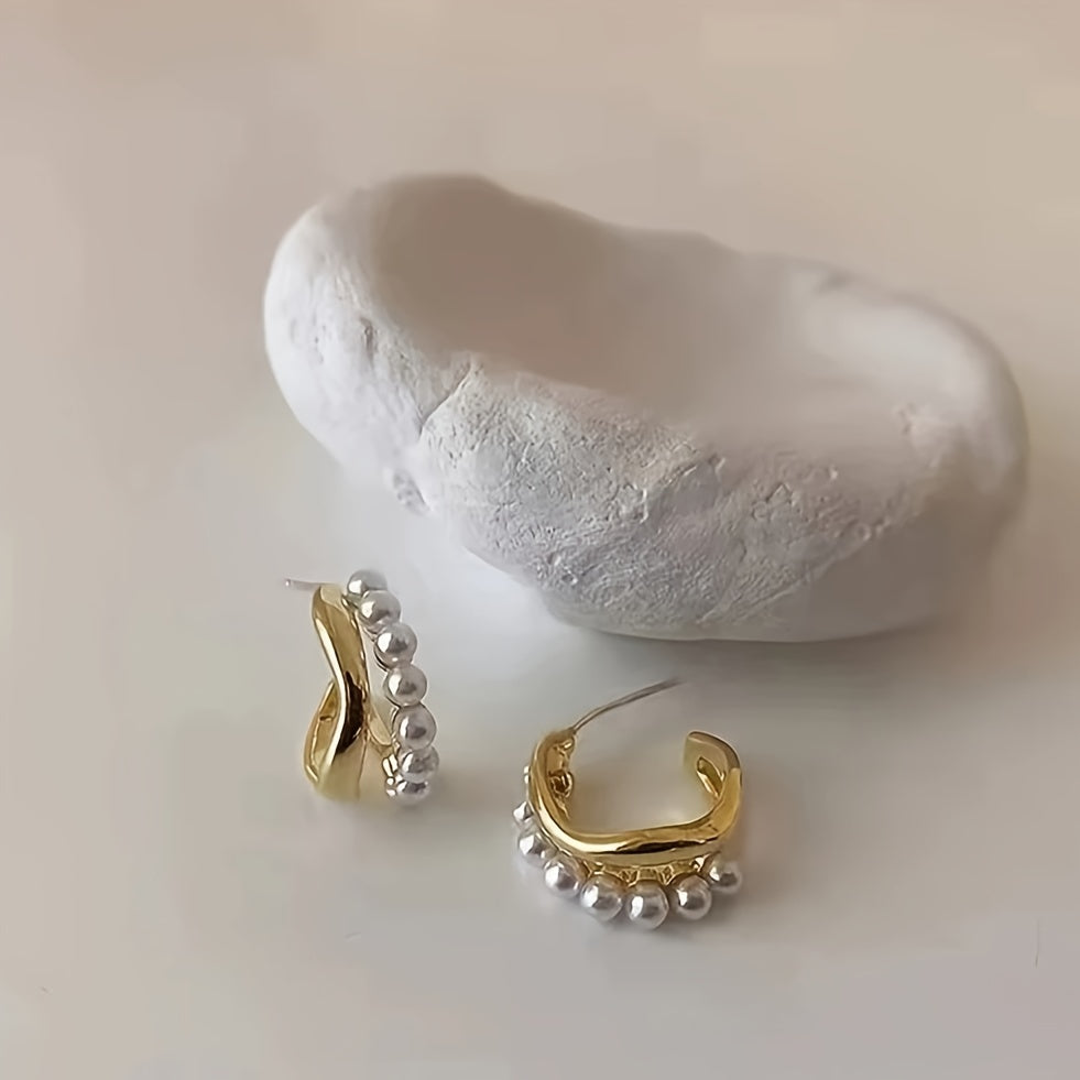 Double-layer Faux Pearl Decor Hoop Earrings Japanese/ Korean Style Alloy Jewelry Versatile Ear Ornaments Trendy Female Gift