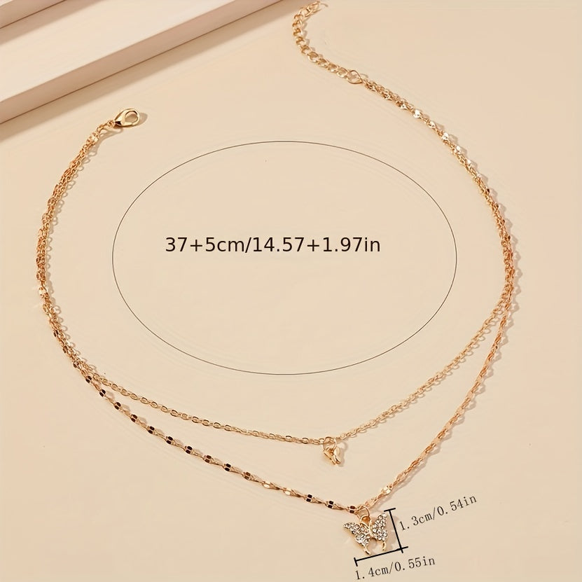 Double Butterfly Shape Layered Necklace Inlaid Shiny Zirconia Pendant Statement Party Jewelry Gifts