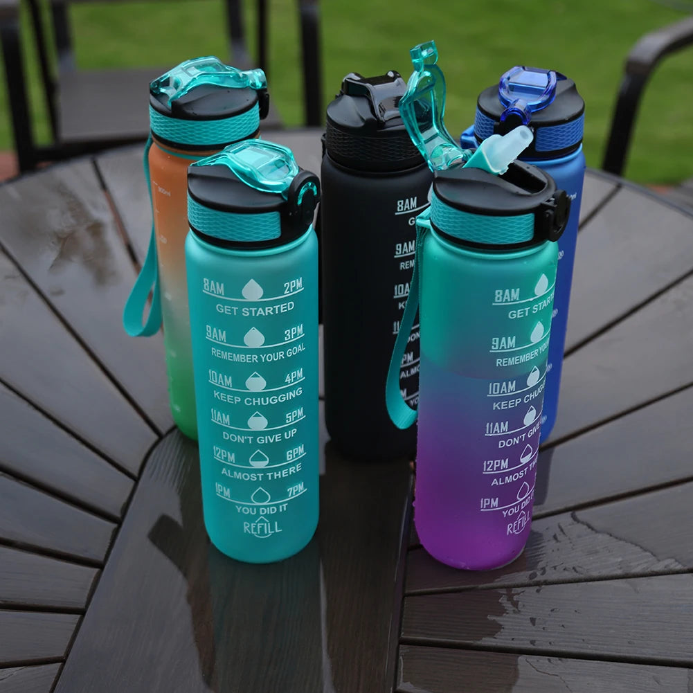 1000Ml Sports Water Bottle With Straw Time Marker Outdoor Camping Cup Student Drinking Water Cup Leakproof Portable Cups