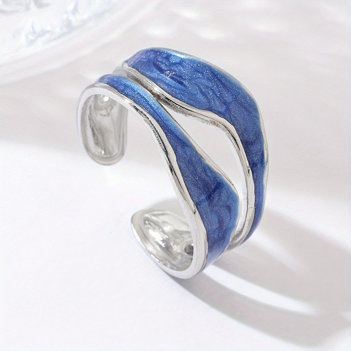 1pc Exquisite White/Dark Blue/Green/Steel White Enamel Creative Ring, Stainless Steel Irregular Opening Adjustable Ring For Men