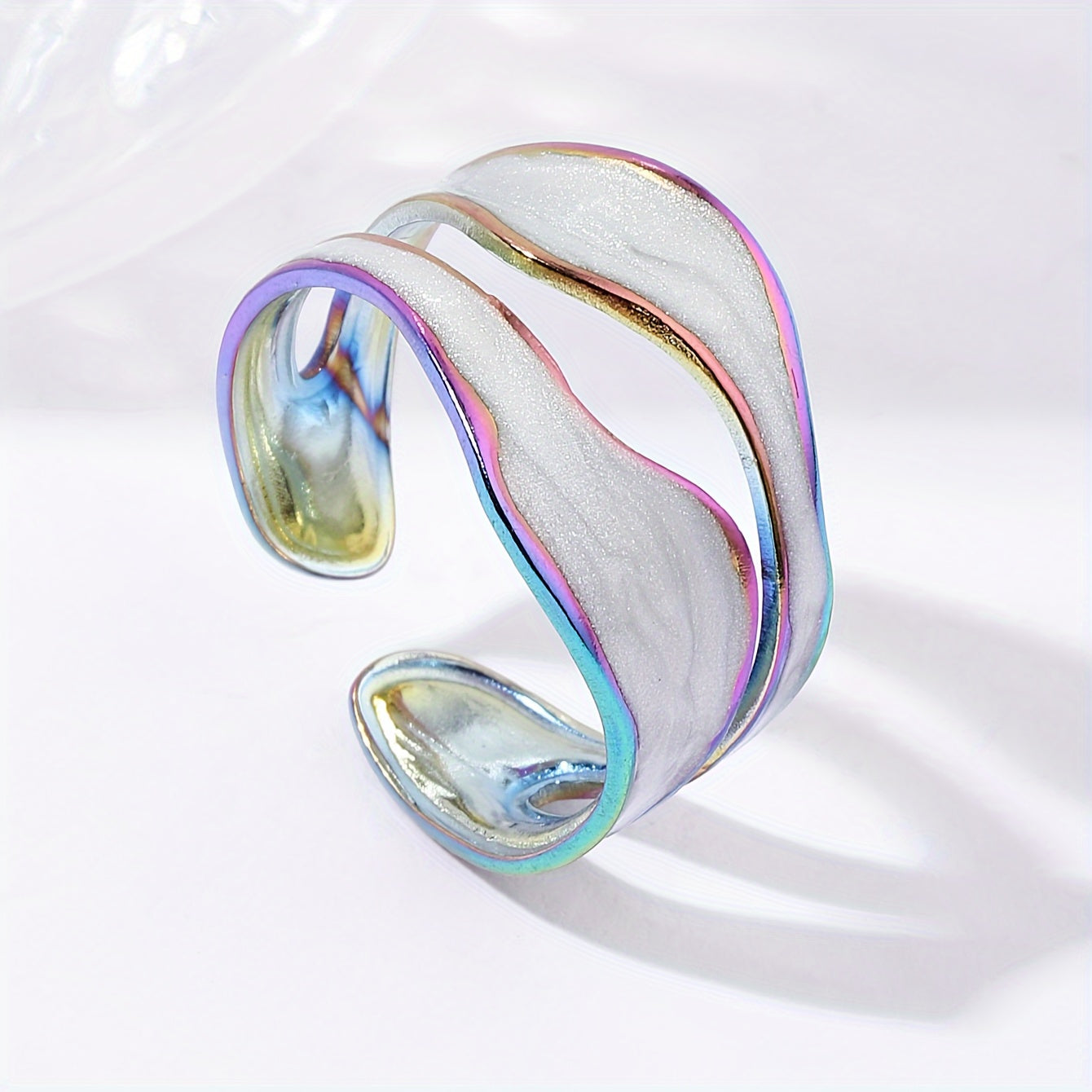 1pc Exquisite White/Dark Blue/Green/Steel White Enamel Creative Ring, Stainless Steel Irregular Opening Adjustable Ring For Men