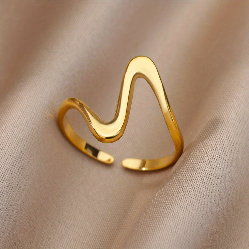Kpop Style Cuff Ring Made Of Stainless Steel 18k Gold Plated Trendy Wave Shape Match Daily Outfits Suitable For Men And Women Light Luxury Jewelry