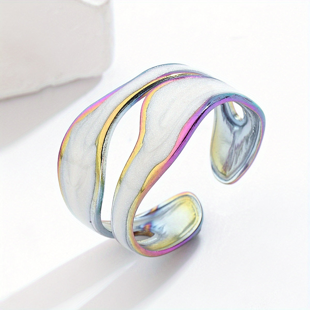 1pc Exquisite White/Dark Blue/Green/Steel White Enamel Creative Ring, Stainless Steel Irregular Opening Adjustable Ring For Men