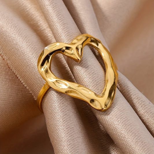 1pc Stainless Steel Golden Plated Hollow Out Love Open Unisex Ring For Men