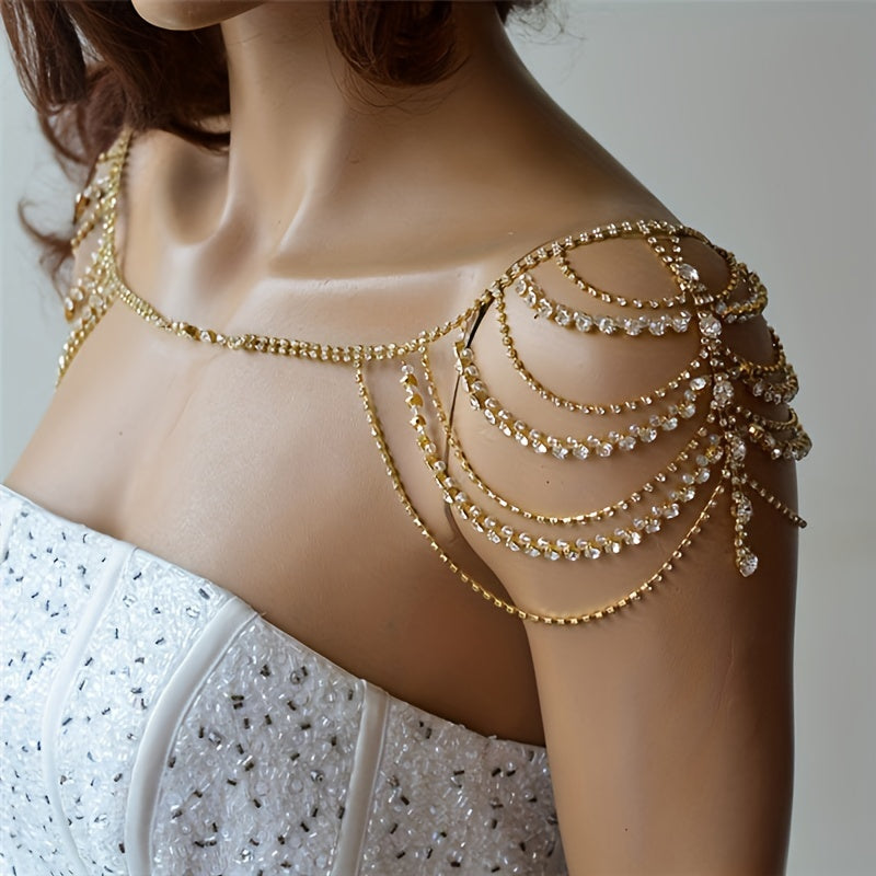 Boho Layered Rhinestone Shoulder Chain Bling Crystal Tassel Body Chain Jewelry Party Bra Chain Accessory For Women