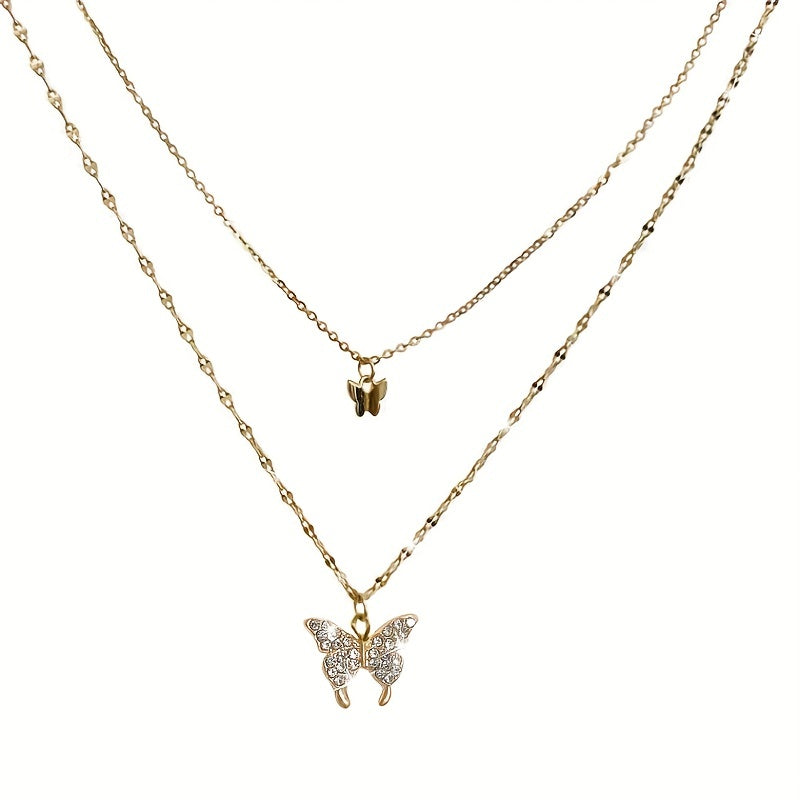 Double Butterfly Shape Layered Necklace Inlaid Shiny Zirconia Pendant Statement Party Jewelry Gifts