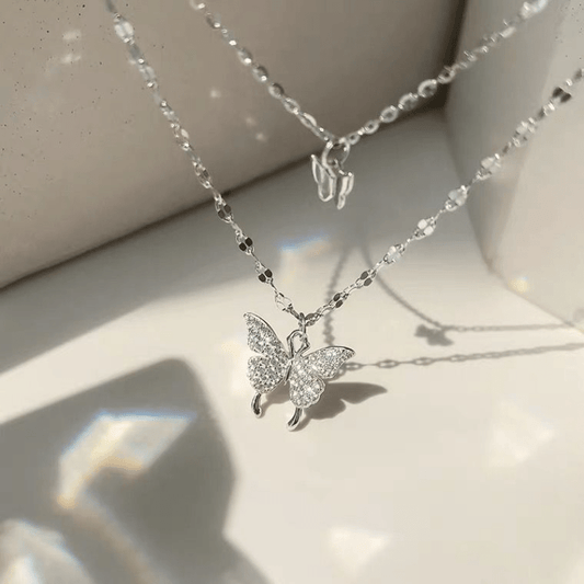 Double Butterfly Shape Layered Necklace Inlaid Shiny Zirconia Pendant Statement Party Jewelry Gifts