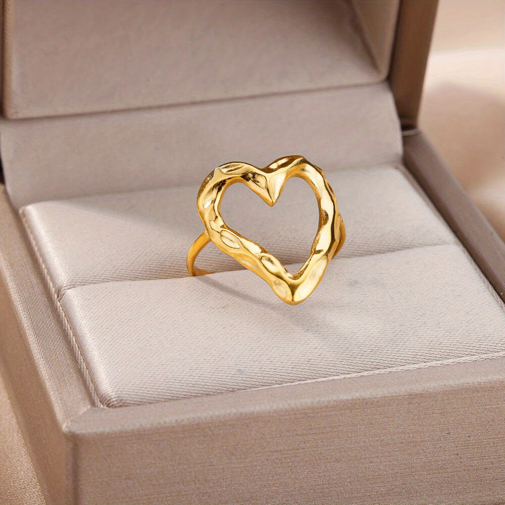 1pc Stainless Steel Golden Plated Hollow Out Love Open Unisex Ring For Men