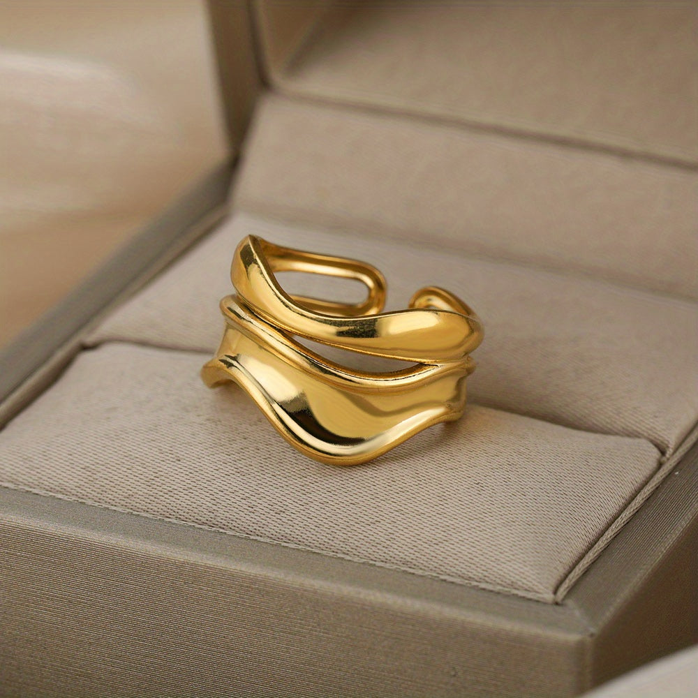 Stainless Steel Golden Plated Ring Cool Simple Geometric Wave Open Ring Jewelry