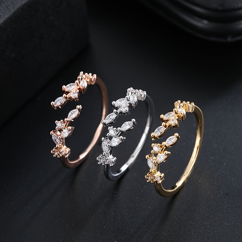 Leaf Inlaid zirconia Open Ring Silver Plated Adjustable Fine Jewelry For Women Party Banquet Wedding Decor