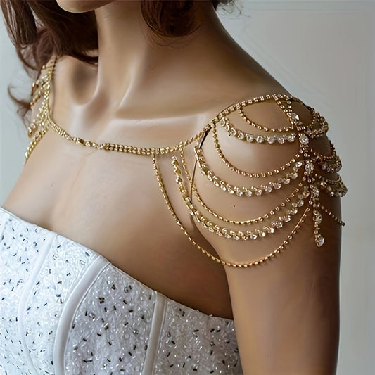 Boho Layered Rhinestone Shoulder Chain Bling Crystal Tassel Body Chain Jewelry Party Bra Chain Accessory For Women