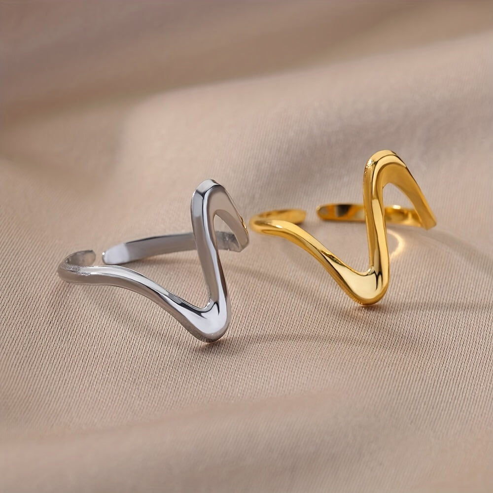 Kpop Style Cuff Ring Made Of Stainless Steel 18k Gold Plated Trendy Wave Shape Match Daily Outfits Suitable For Men And Women Light Luxury Jewelry