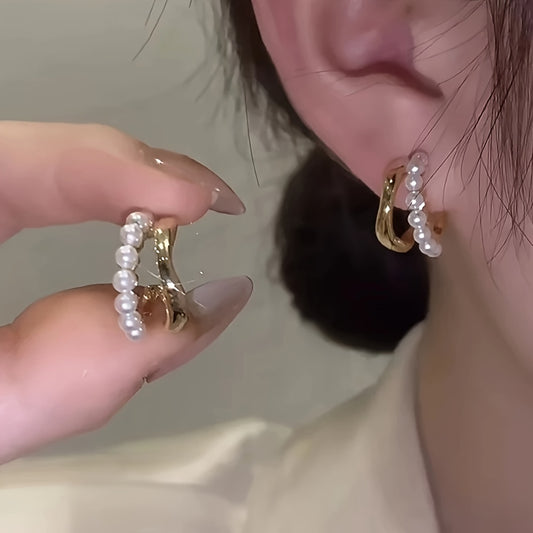 Double-layer Faux Pearl Decor Hoop Earrings Japanese/ Korean Style Alloy Jewelry Versatile Ear Ornaments Trendy Female Gift