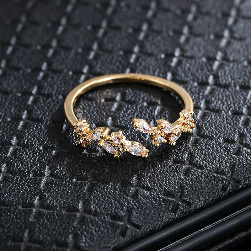 Leaf Inlaid zirconia Open Ring Silver Plated Adjustable Fine Jewelry For Women Party Banquet Wedding Decor