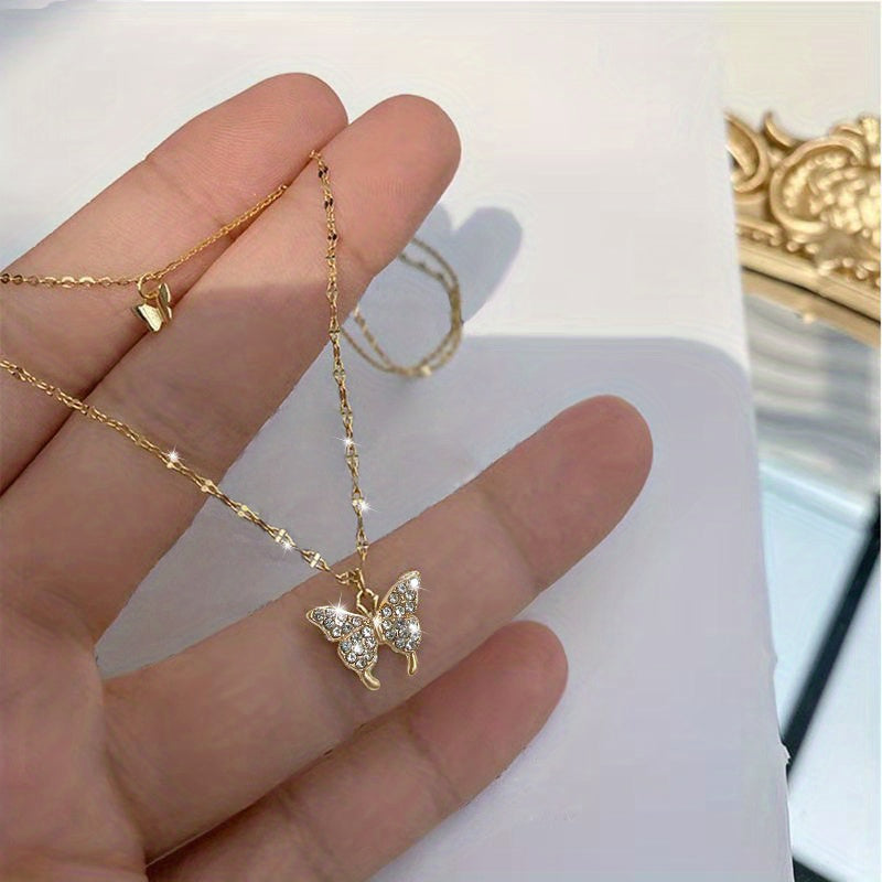 Double Butterfly Shape Layered Necklace Inlaid Shiny Zirconia Pendant Statement Party Jewelry Gifts