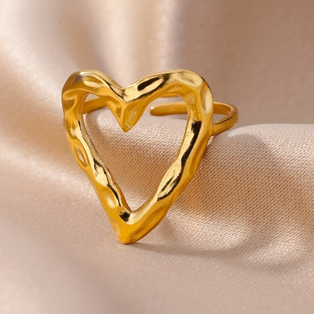 1pc Stainless Steel Golden Plated Hollow Out Love Open Unisex Ring For Men