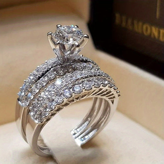 2 Pcs/set Bridal Wedding Rings 18K Gold Plated 6 Prong Setting zirconia Rings For Women Engagement Proposal Jewelry Gift (no Box)