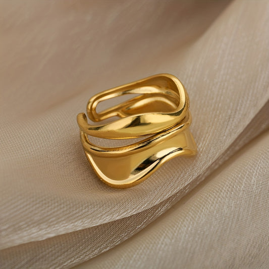 Stainless Steel Golden Plated Ring Cool Simple Geometric Wave Open Ring Jewelry