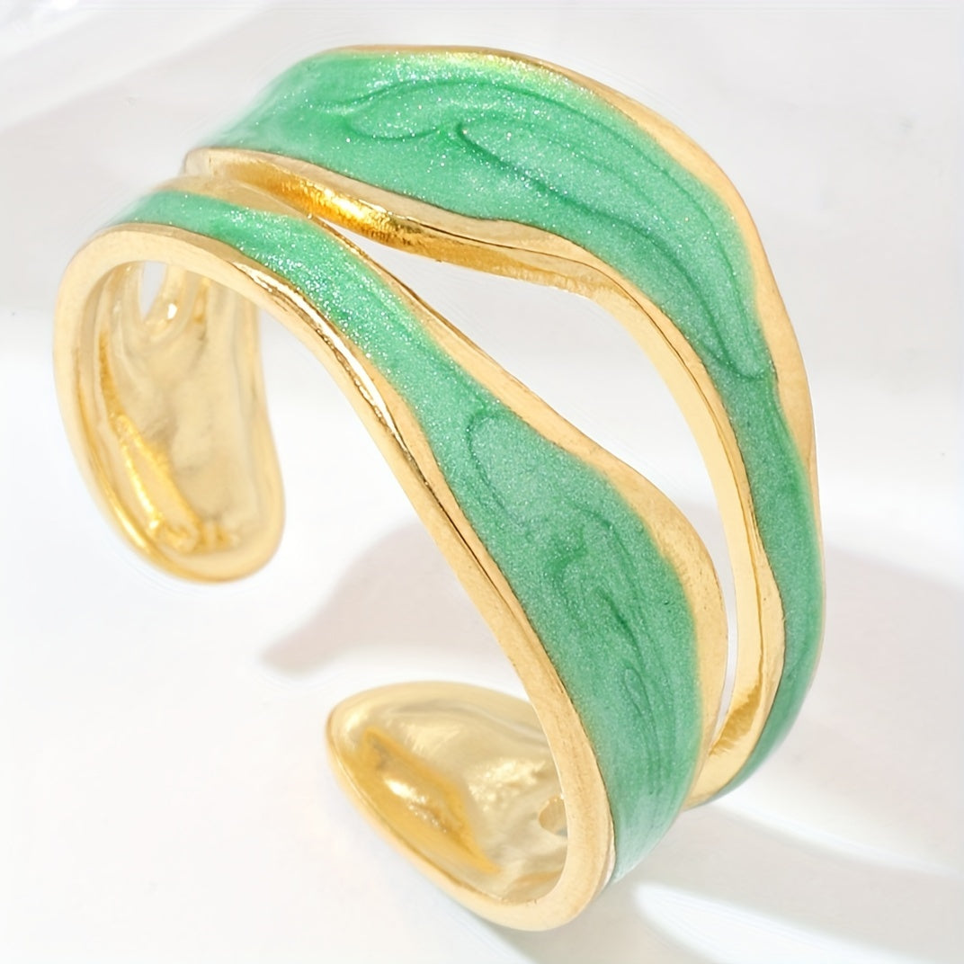 1pc Exquisite White/Dark Blue/Green/Steel White Enamel Creative Ring, Stainless Steel Irregular Opening Adjustable Ring For Men