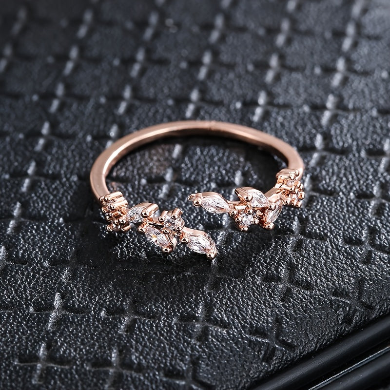 Leaf Inlaid zirconia Open Ring Silver Plated Adjustable Fine Jewelry For Women Party Banquet Wedding Decor
