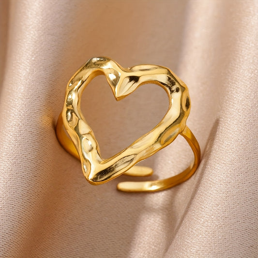 1pc Stainless Steel Golden Plated Hollow Out Love Open Unisex Ring For Men