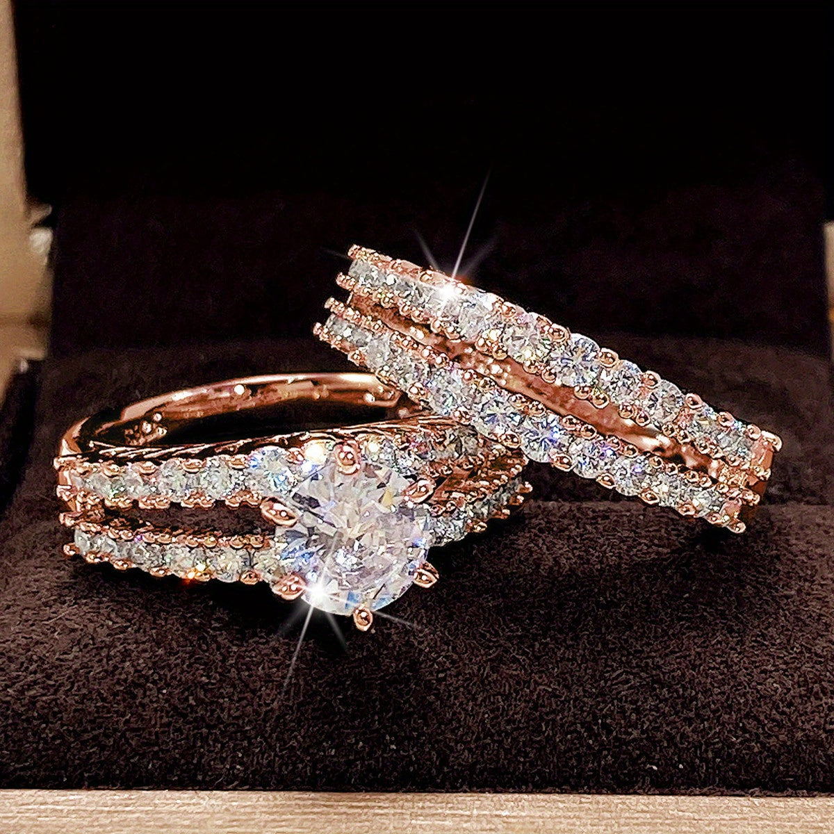 2 Pcs/set Bridal Wedding Rings 18K Gold Plated 6 Prong Setting zirconia Rings For Women Engagement Proposal Jewelry Gift (no Box)