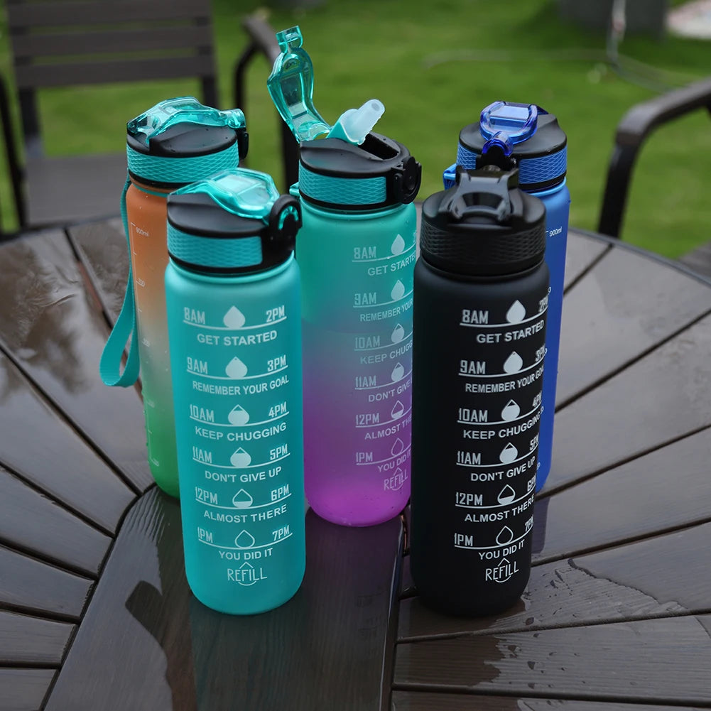 1000Ml Sports Water Bottle With Straw Time Marker Outdoor Camping Cup Student Drinking Water Cup Leakproof Portable Cups