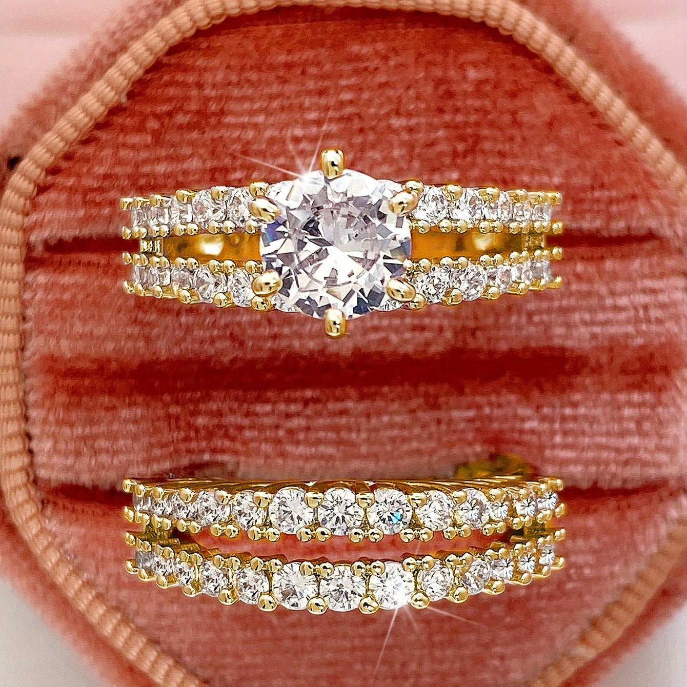 2 Pcs/set Bridal Wedding Rings 18K Gold Plated 6 Prong Setting zirconia Rings For Women Engagement Proposal Jewelry Gift (no Box)