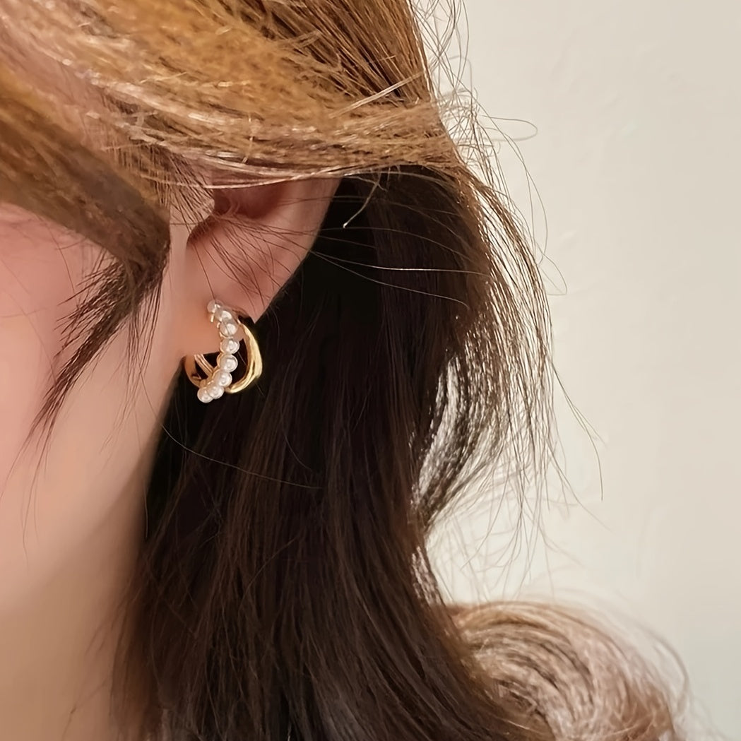 Double-layer Faux Pearl Decor Hoop Earrings Japanese/ Korean Style Alloy Jewelry Versatile Ear Ornaments Trendy Female Gift