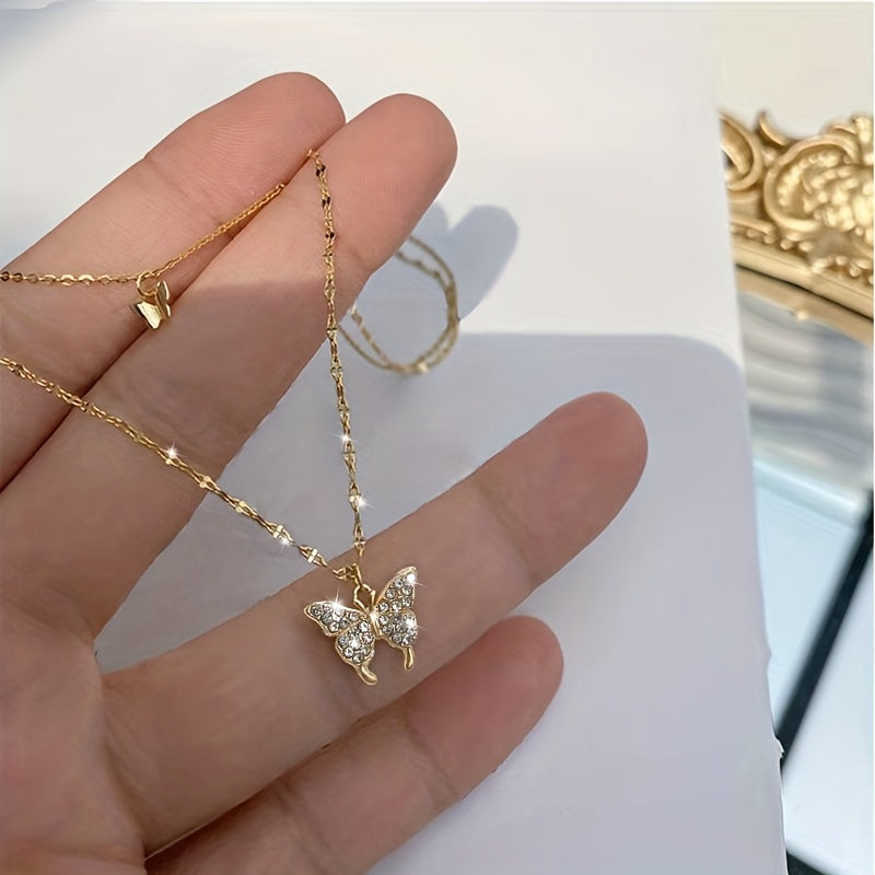 Double Butterfly Shape Layered Necklace Inlaid Shiny Zirconia Pendant Statement Party Jewelry Gifts