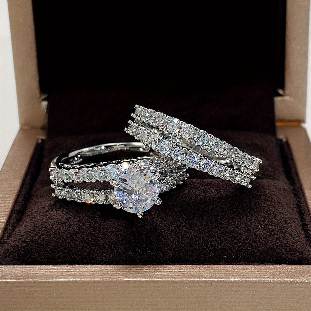 2 Pcs/set Bridal Wedding Rings 18K Gold Plated 6 Prong Setting zirconia Rings For Women Engagement Proposal Jewelry Gift (no Box)