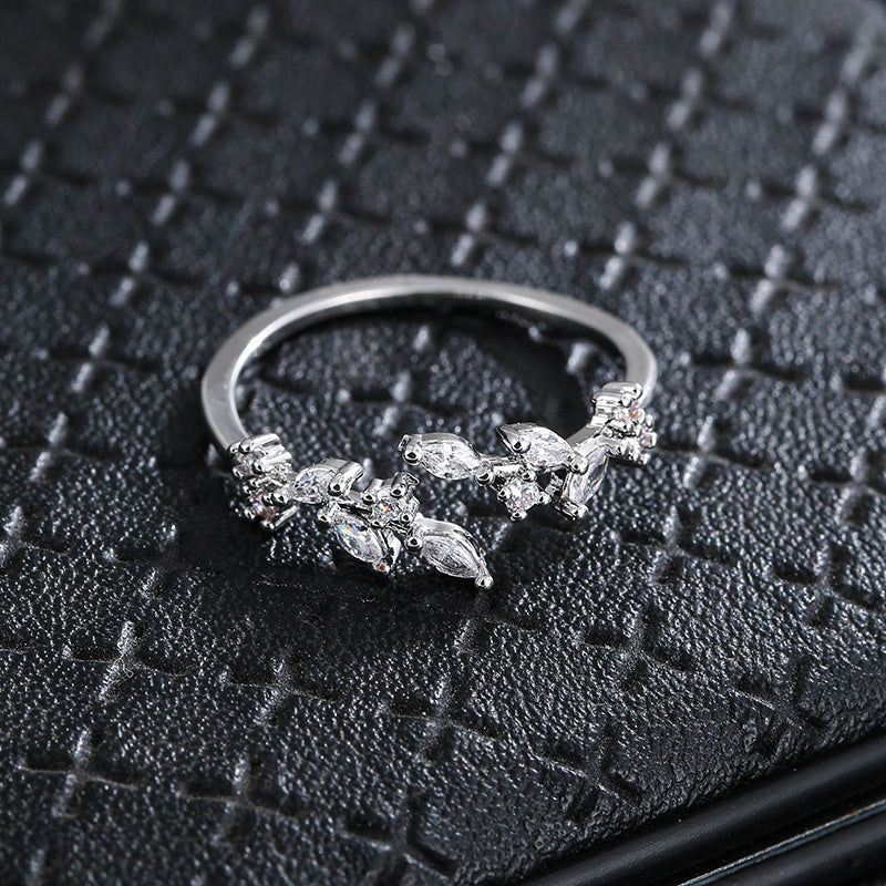 Leaf Inlaid zirconia Open Ring Silver Plated Adjustable Fine Jewelry For Women Party Banquet Wedding Decor