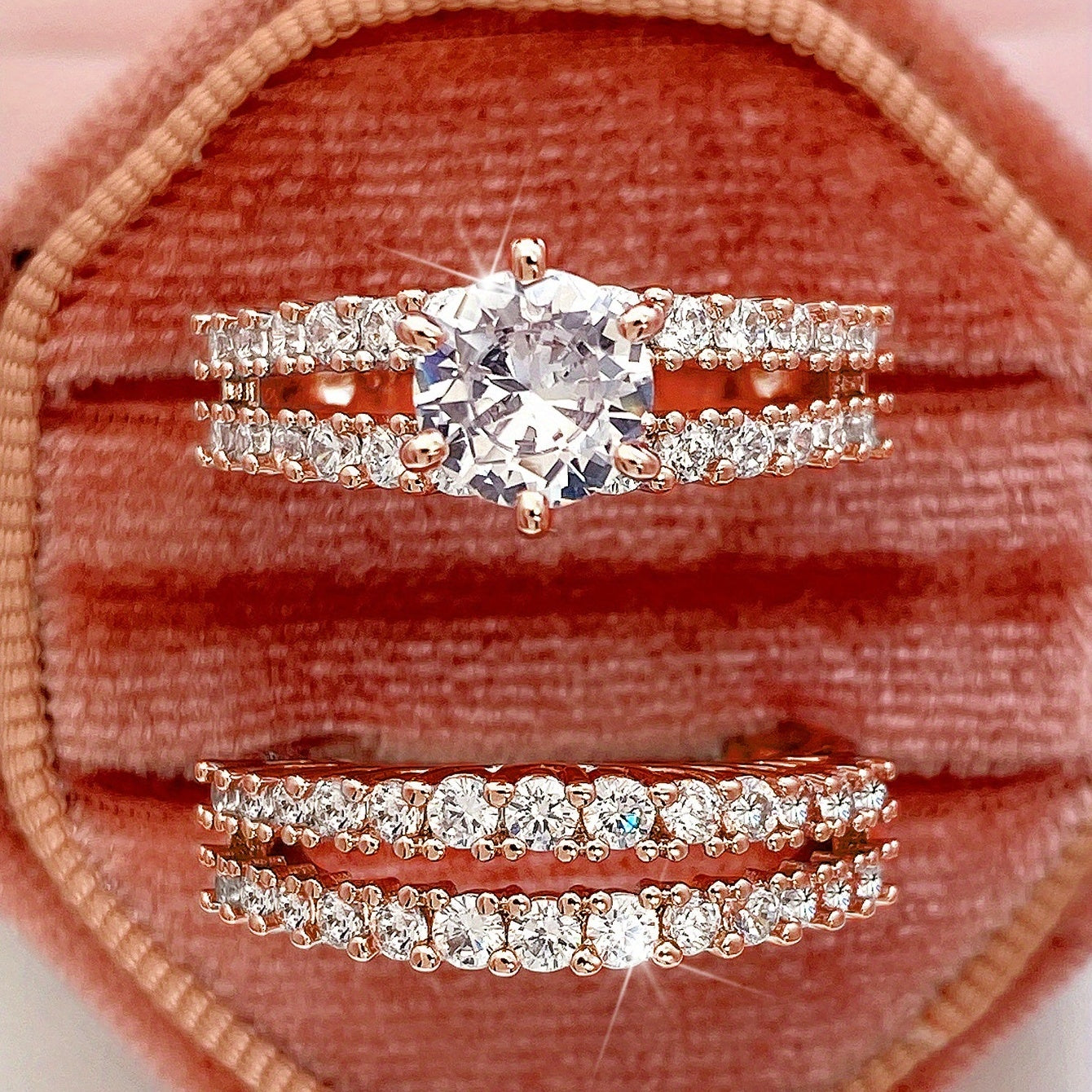 2 Pcs/set Bridal Wedding Rings 18K Gold Plated 6 Prong Setting zirconia Rings For Women Engagement Proposal Jewelry Gift (no Box)