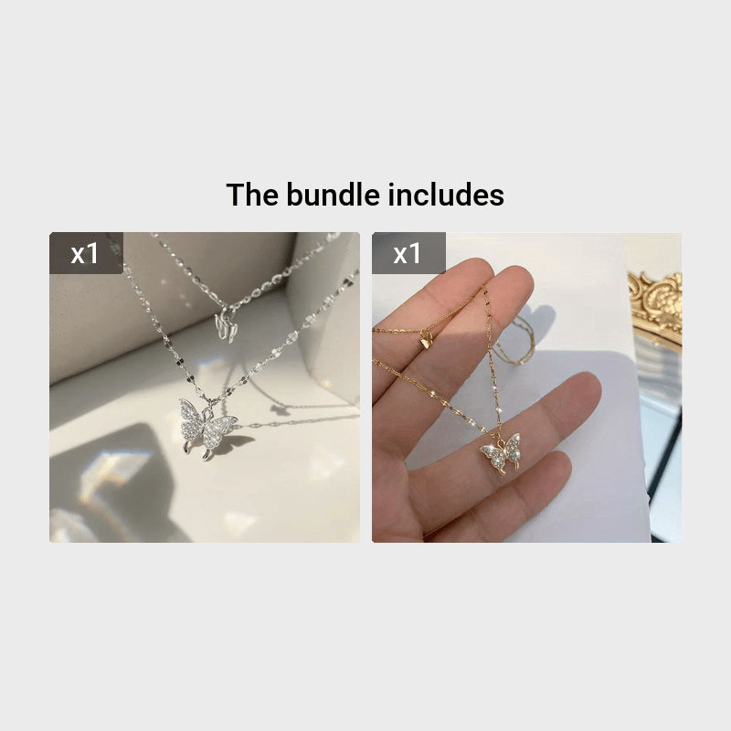 Double Butterfly Shape Layered Necklace Inlaid Shiny Zirconia Pendant Statement Party Jewelry Gifts