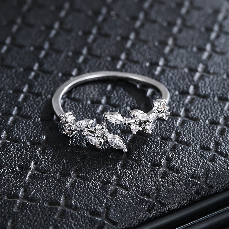 Leaf Inlaid zirconia Open Ring Silver Plated Adjustable Fine Jewelry For Women Party Banquet Wedding Decor