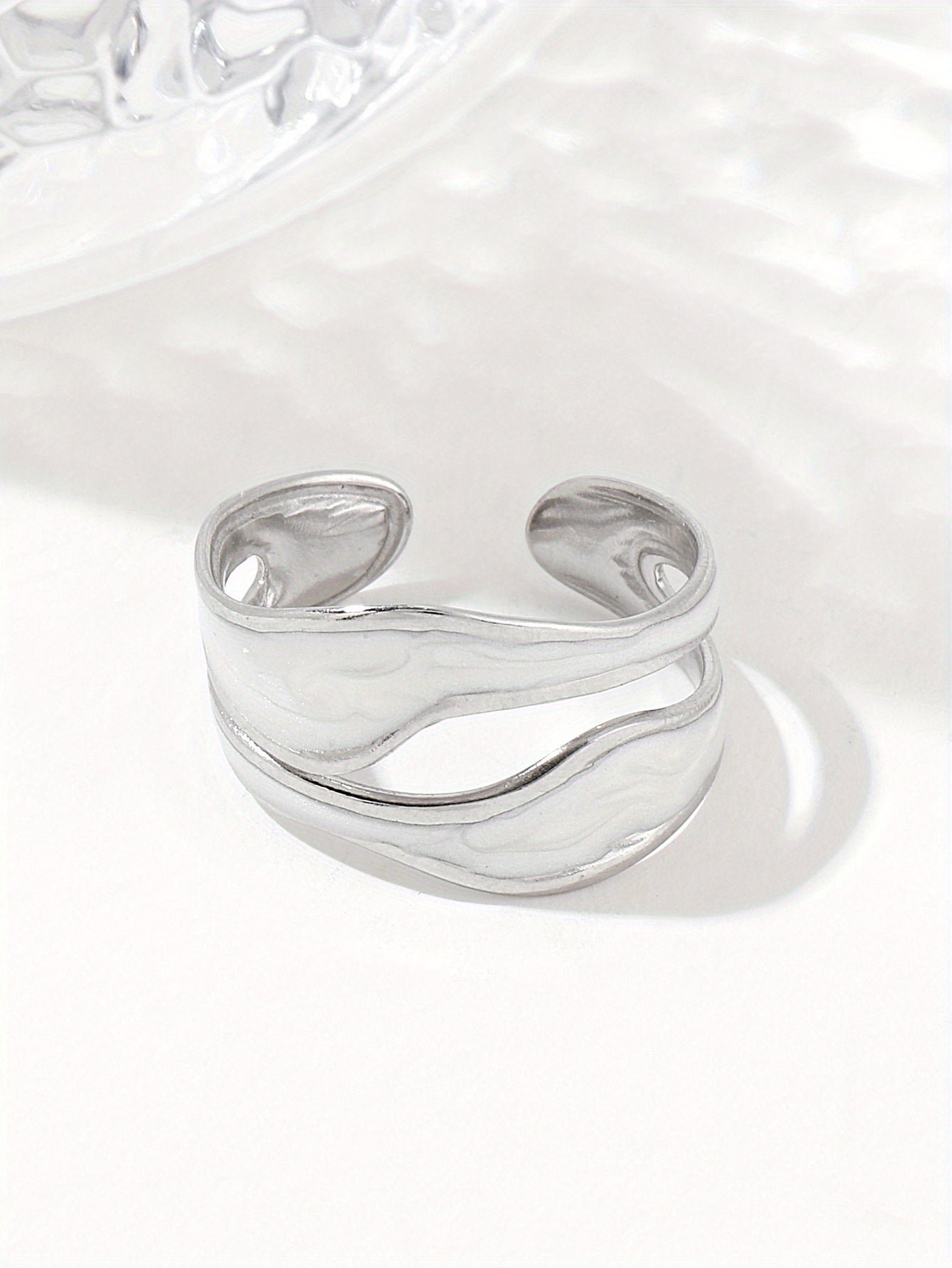 1pc Exquisite White/Dark Blue/Green/Steel White Enamel Creative Ring, Stainless Steel Irregular Opening Adjustable Ring For Men