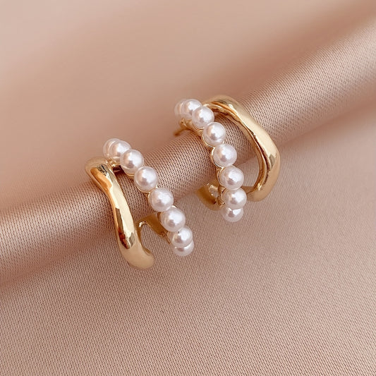 Double-layer Faux Pearl Decor Hoop Earrings Japanese/ Korean Style Alloy Jewelry Versatile Ear Ornaments Trendy Female Gift